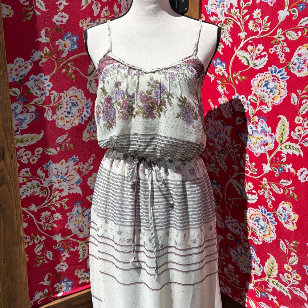 Cream Floral Boho Cottage Prairie Maxi Sun Dress Women's Size M - Picture 3 of 15